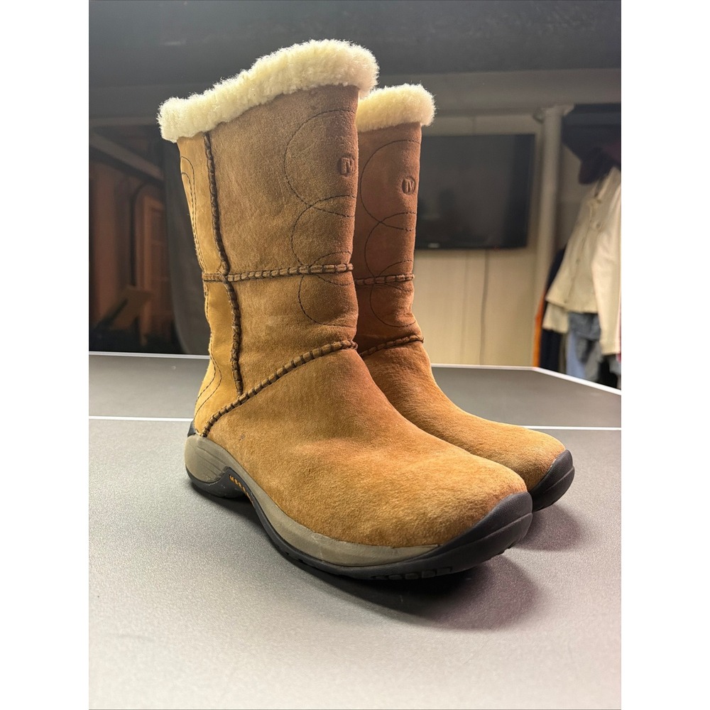 Merrell Encore Peak Caramel Brown Suede‎ Faux Fur Winter Boots Womens 9.5 J66652